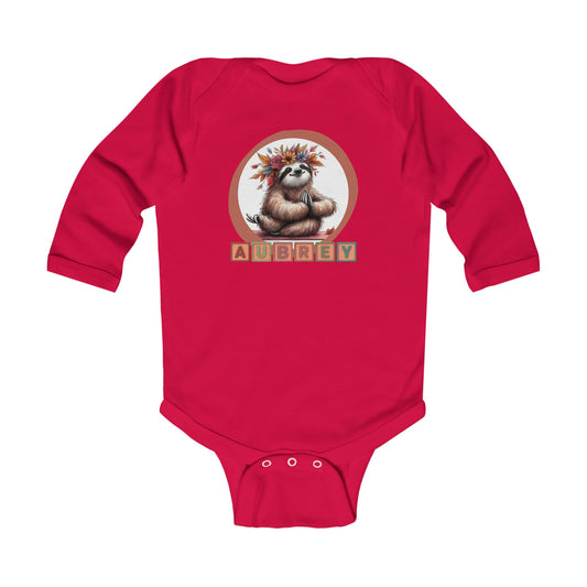 Customized Baby Long Sleeve Bodysuit - Meditative Autumn Sloth, Sizes Up to 18mo, Multiple Colors Available, Personalize with Name