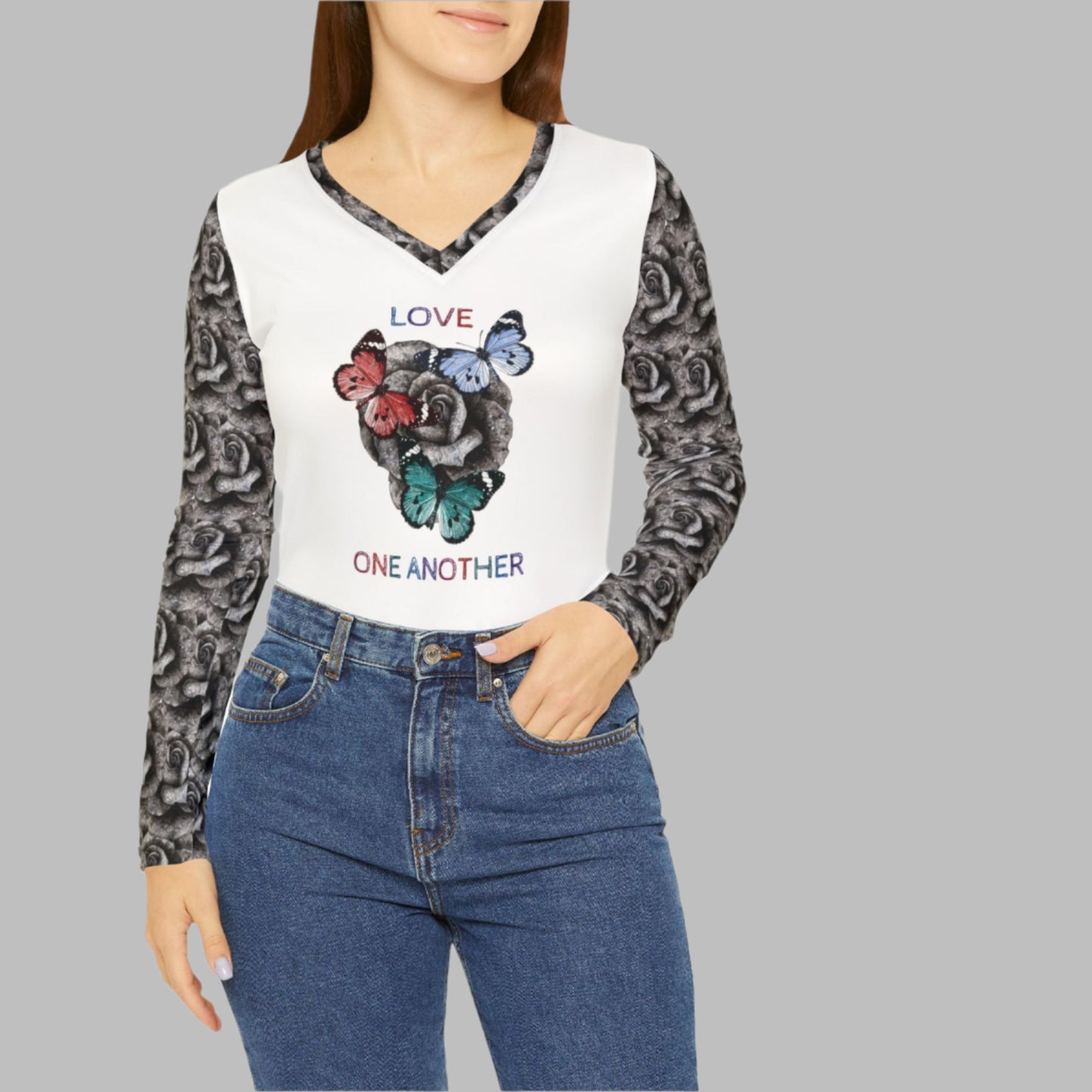 Love One Another Print with Rose and Butterflies - Women's Long Sleeve Inspirational V-neck Shirt