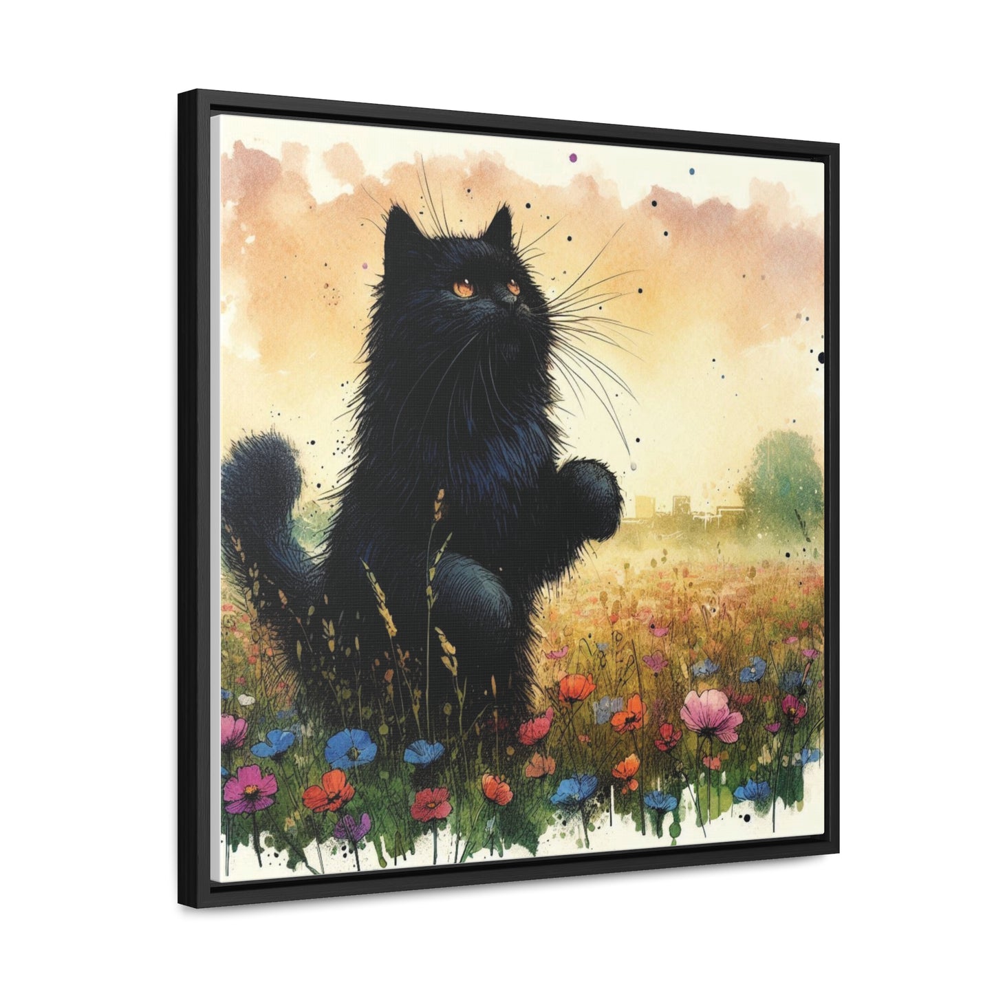 Playful Black Long-Haired Cat Floral Field, Gallery-Wrapped Canvas - Cat Lover Gift, Decor for Child's Room or Nursery