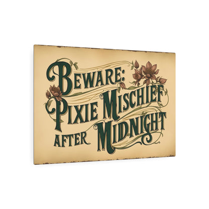 Whimsical "Beware: Pixie Mischief After Midnight" Vintage Victorian Style Large Metal Art Sign for Fairy Lovers - 30x20