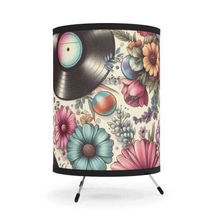 Retro Record & Flower Tripod Lamp - 50s & 60s Inspired Lighting for Cozy Living Spaces - Bold, All-Over Print