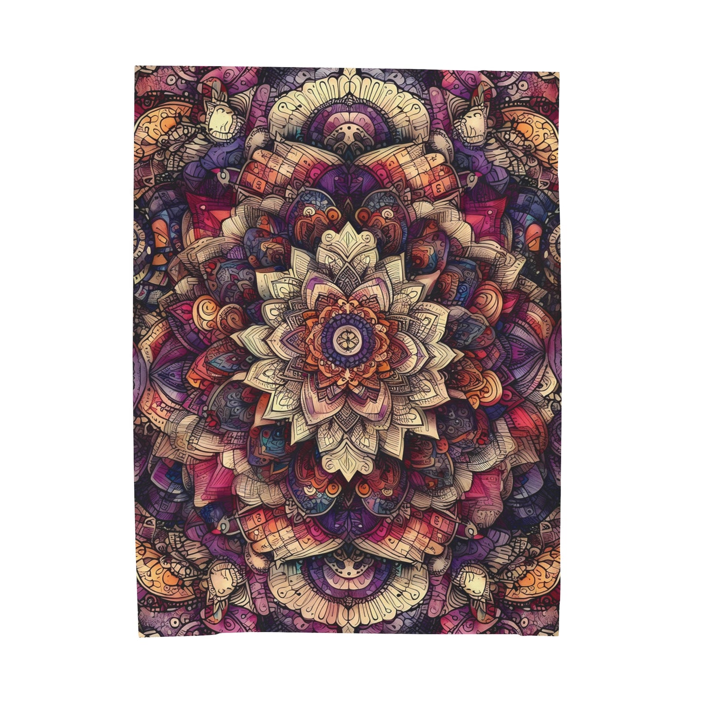 Velveteen Plush Autumn Blanket - Boho Mandala with Red, Purple, and Creme