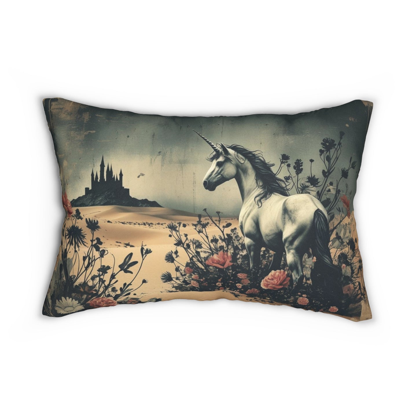 Unicorn Lumbar Pillow, Dark Fairytale Castle Scene, Mystical Desert Gothic Home Decor, 20x14 Throw Cushion