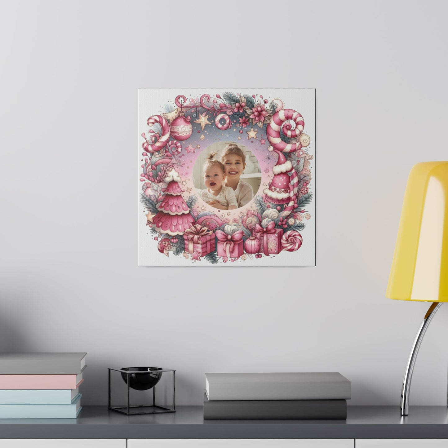 Custom Whimsical Pink Christmas Square Canvas with Photo of Family, Child, Couple, Pet, Friends - Create Magical Holiday Wall Decor