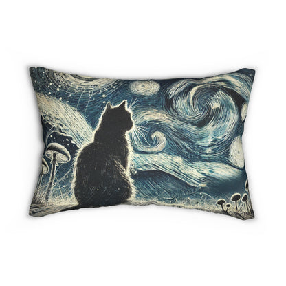 Lumbar Pillow - Enchanted Night with Black Cat and Whimsical Clouds