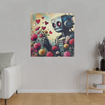 Canvas Print, Retro-Futuristic Robot in Wildflowers, Graphic Novel Style, Comic Book Art, Matte Stretched Vibrant Wall Art