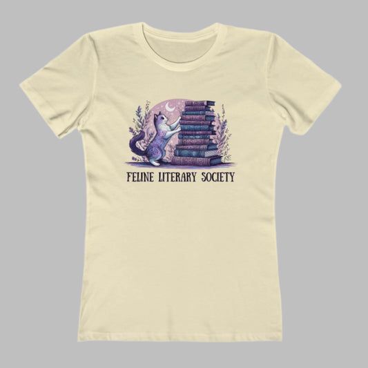 Women's Slim-Fit Tee - "Feline Literary Society" with Whimsical Book Loving Cat T-Shirt