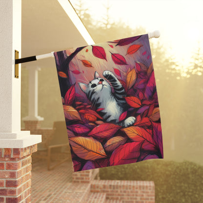 Porch or Yard Flag / Garden Banner - Playful Autumn Cat