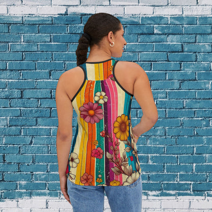 Racerback Tank Top - 70s Style Bold Stripes and Wildflowers