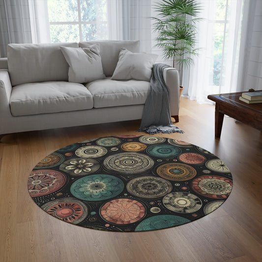 Retro Circle Geometric Pattern Rug - 60" x 60" - Bold Colors & Lines - 100% Polyester Chenille - Soft & Durable Round Area Rug