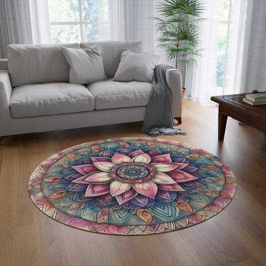 Round 60" x 60" Rug - Boho Mandala Lotus with Pinks and Blues