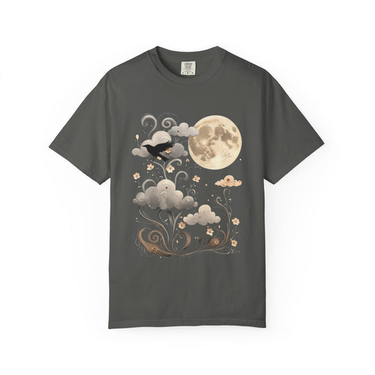 Moonlit Crow Comfort Colors T-Shirt, Halloween Mystical Raven Shirt, Dark Nature Art Tee, Cloud and Moon Graphic, Soft Cotton Witchy T-Shirt