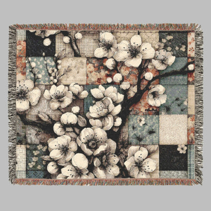 Woven Blanket - Cream Cherry Blossom Patchwork, Romantic Retro Vibes
