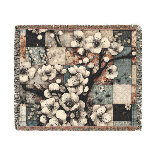 Woven Blanket - Cream Cherry Blossom Patchwork