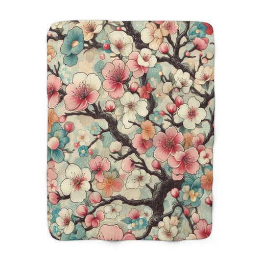 Sherpa Fleece Blanket - Retro Cherry Blossoms Over Sage