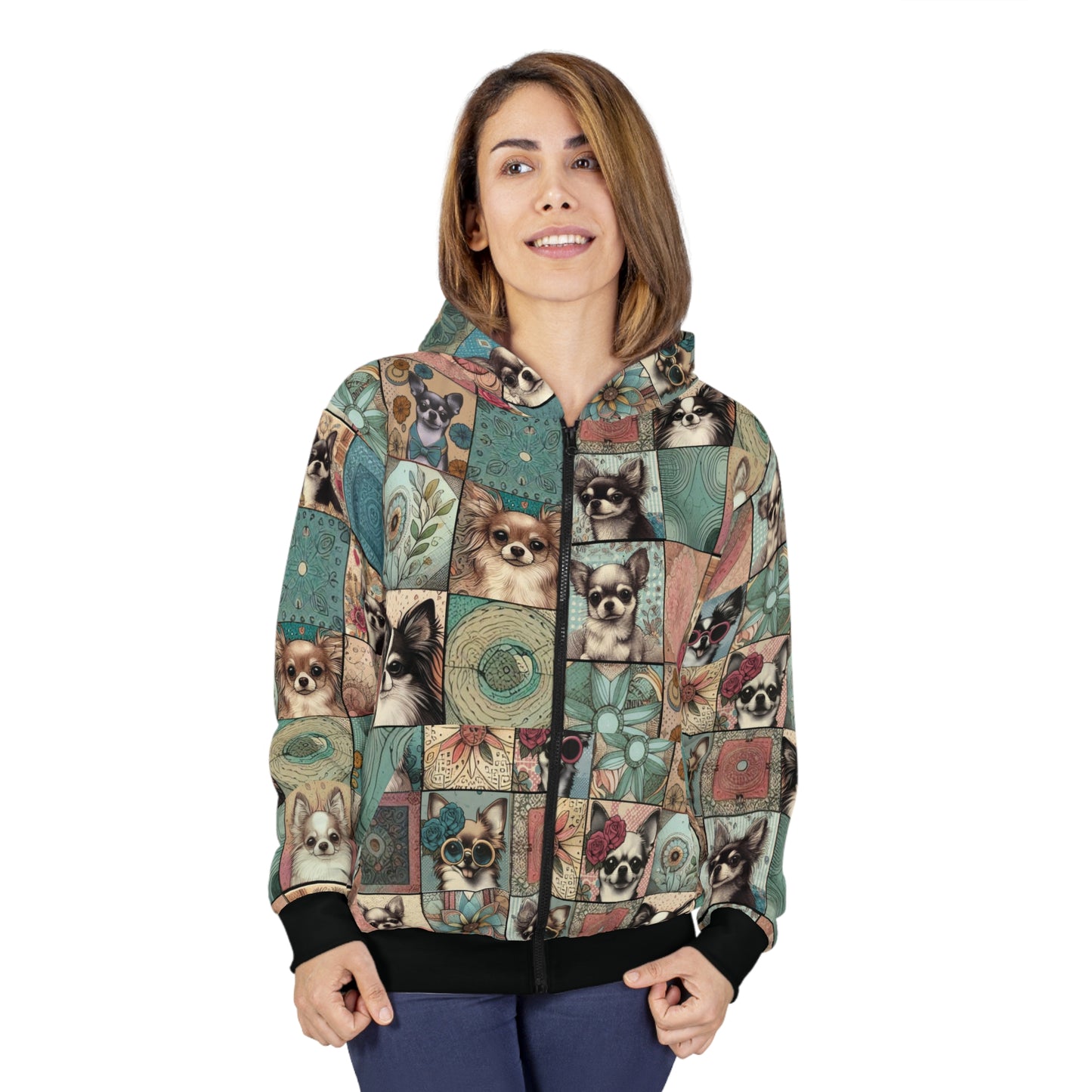 Retro Boho Chihuahua Patchwork Zip Hoodie – Cozy Fleece Jacket for Dog Lovers