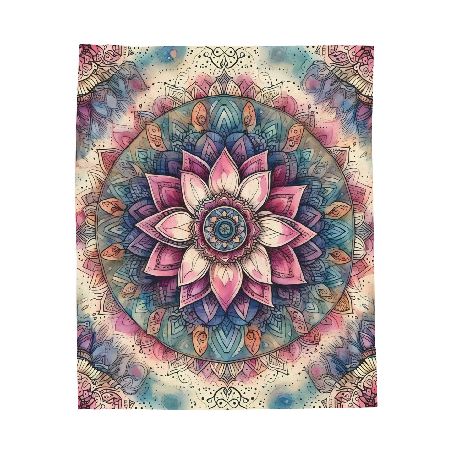 Velveteen Plush Boho Blanket - Vibrant Mandala Pattern with Blue, Purple, Pink, and Cream