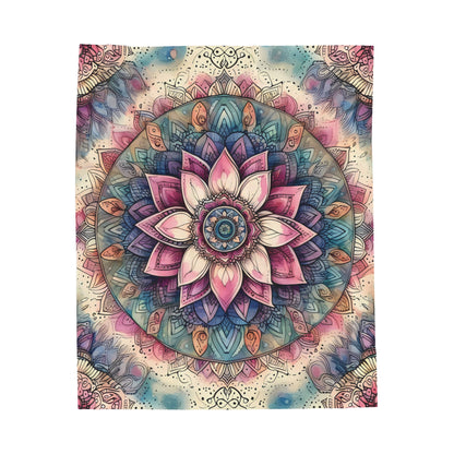 Velveteen Plush Boho Blanket - Vibrant Mandala Pattern with Blue, Purple, Pink, and Cream