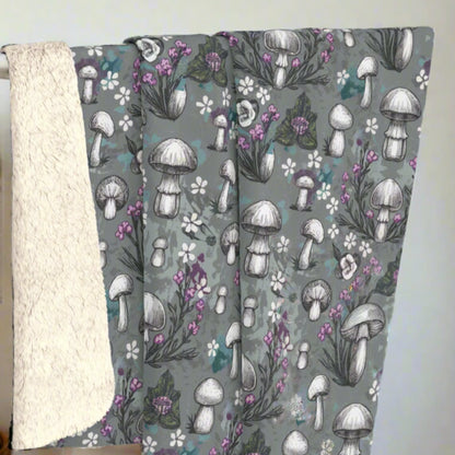 Sherpa Fleece Blanket -  Woodland Mushrooms & Purple Florals, Enchanted Cozy Cottagecore Vibes