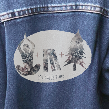 Customizable Women’s Jean Jacket - Personalized "Happy Place" Icons - Vintage Rose Celestial Background Over Denim - Unique Gift