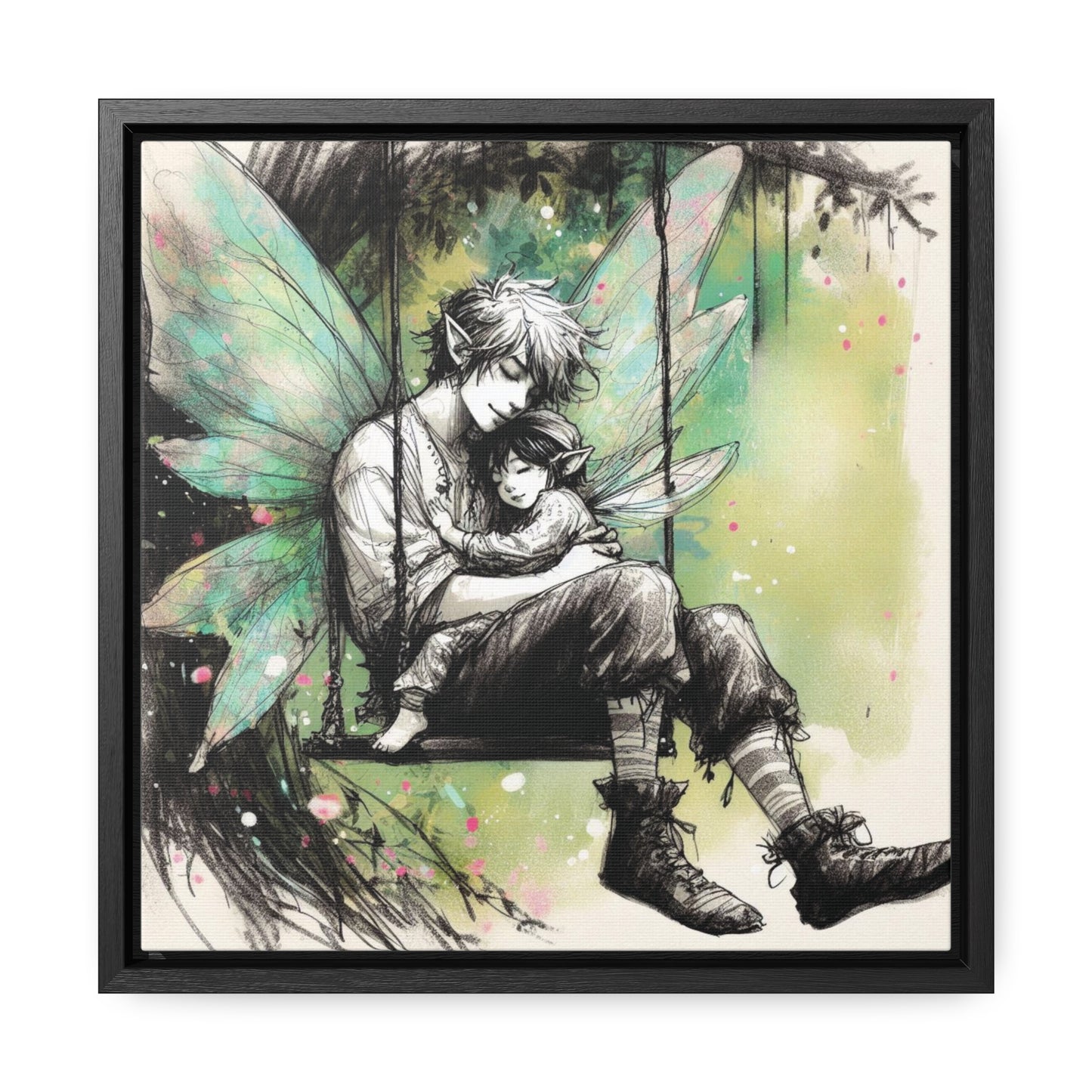 Father Fairy with Daughter on Swing, Gallery Wrapped Canvas Print - Sweet Fatherly Bond Wall Art for Nurseries or Child's Bedroom