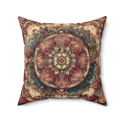 Square Faux Suede Pillow - Boho Floral Mandala, Turquoise, Red, Creme Tones (Cover + Pillow Included)