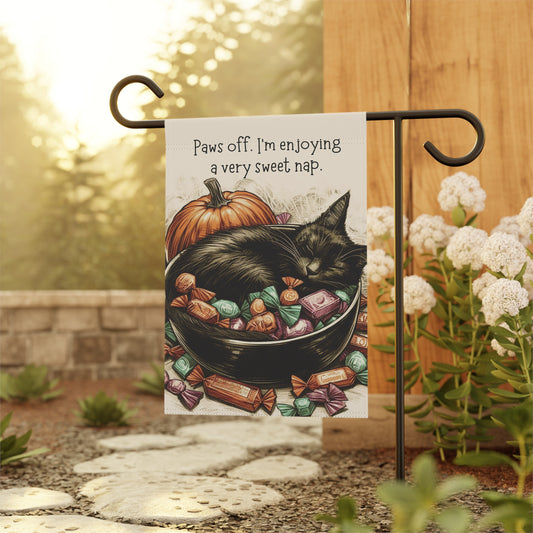 Halloween Yard Flag - Black Cat Napping in Candy Bowl - Outdoor Garden Flag - Cute Halloween Decor for Yard, Garden, or Porch