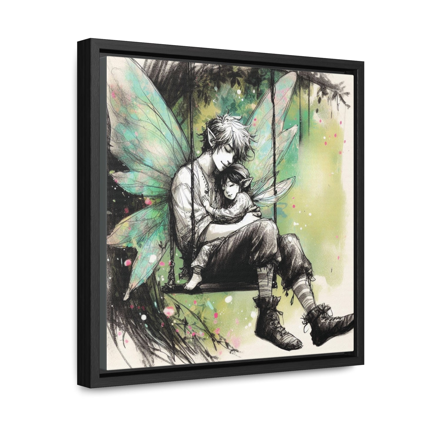 Father Fairy with Daughter on Swing, Gallery Wrapped Canvas Print - Sweet Fatherly Bond Wall Art for Nurseries or Child's Bedroom