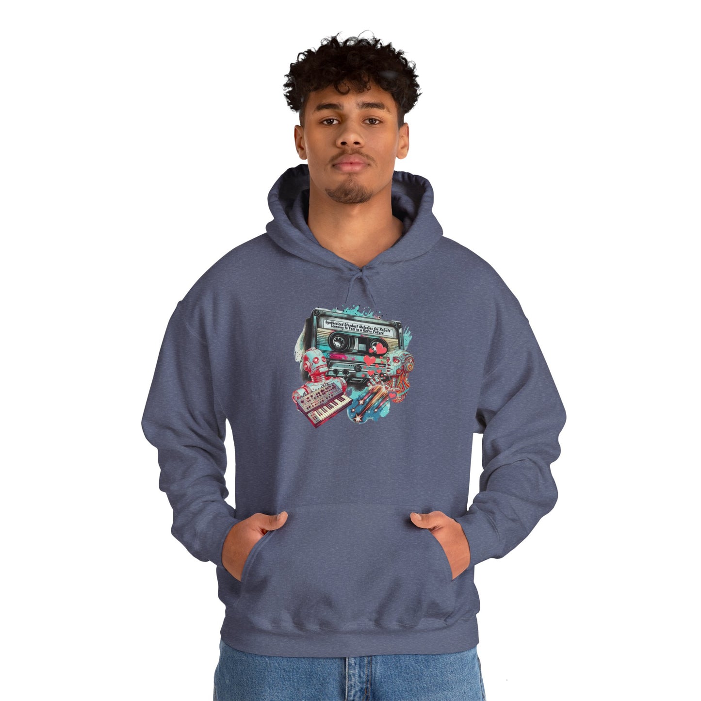 Retro Stardust Melodies Hoodie - Mixtape Collage Design,  Cozy and Perfect for Music Lovers and Fall Festival Attire