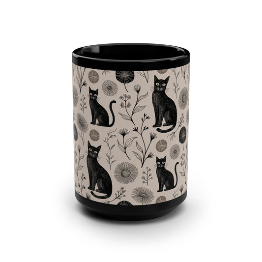 Black Cat Floral Mug | 15oz Coffee Cup for Cat Lovers, Gift for Pet Owners, Cozy Home Decor, Unique Cat-Themed Mug, Cat Lover's Gift