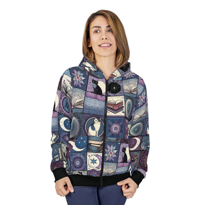 Cozy Cats, Books, & Moons Patchwork Zip Hoodie - Fleece Jacket for Book Lovers, Cat Lovers, & Librarians