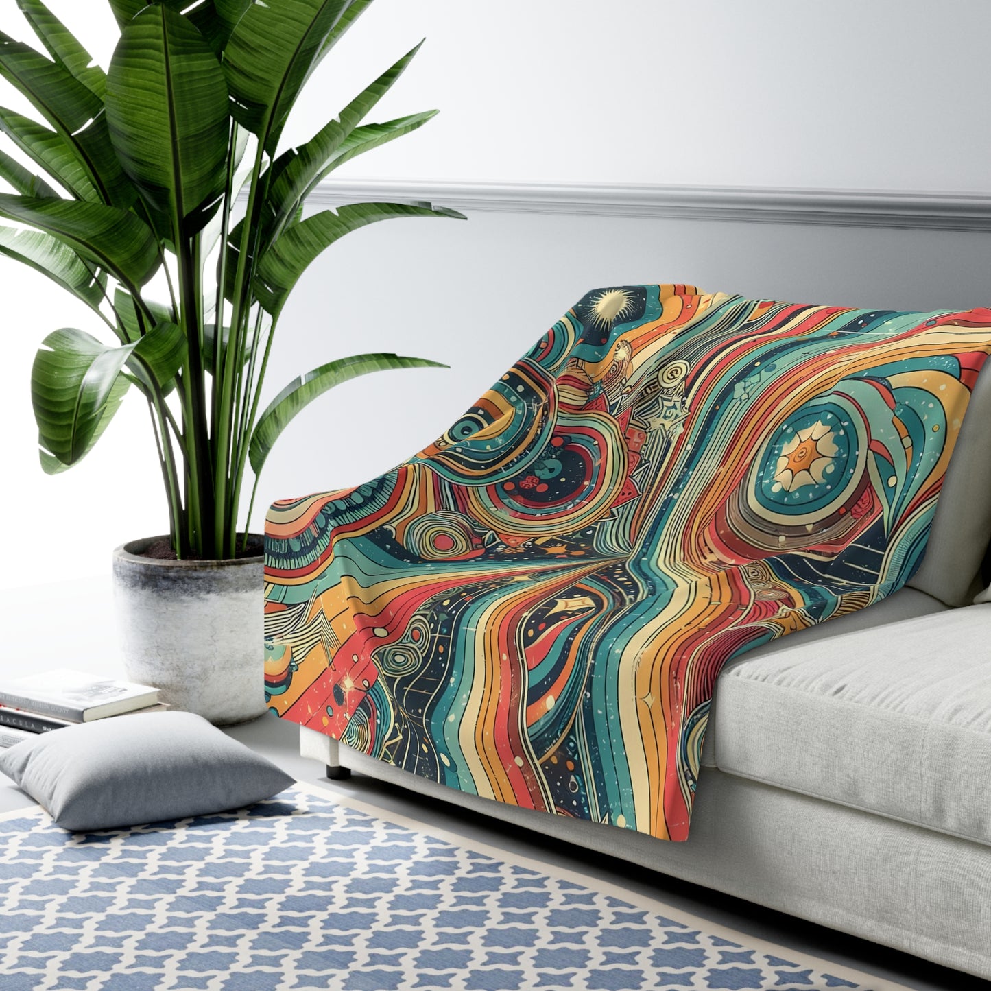 Sherpa Fleece Blanket - Whimsical Swirly Celestial Stripes