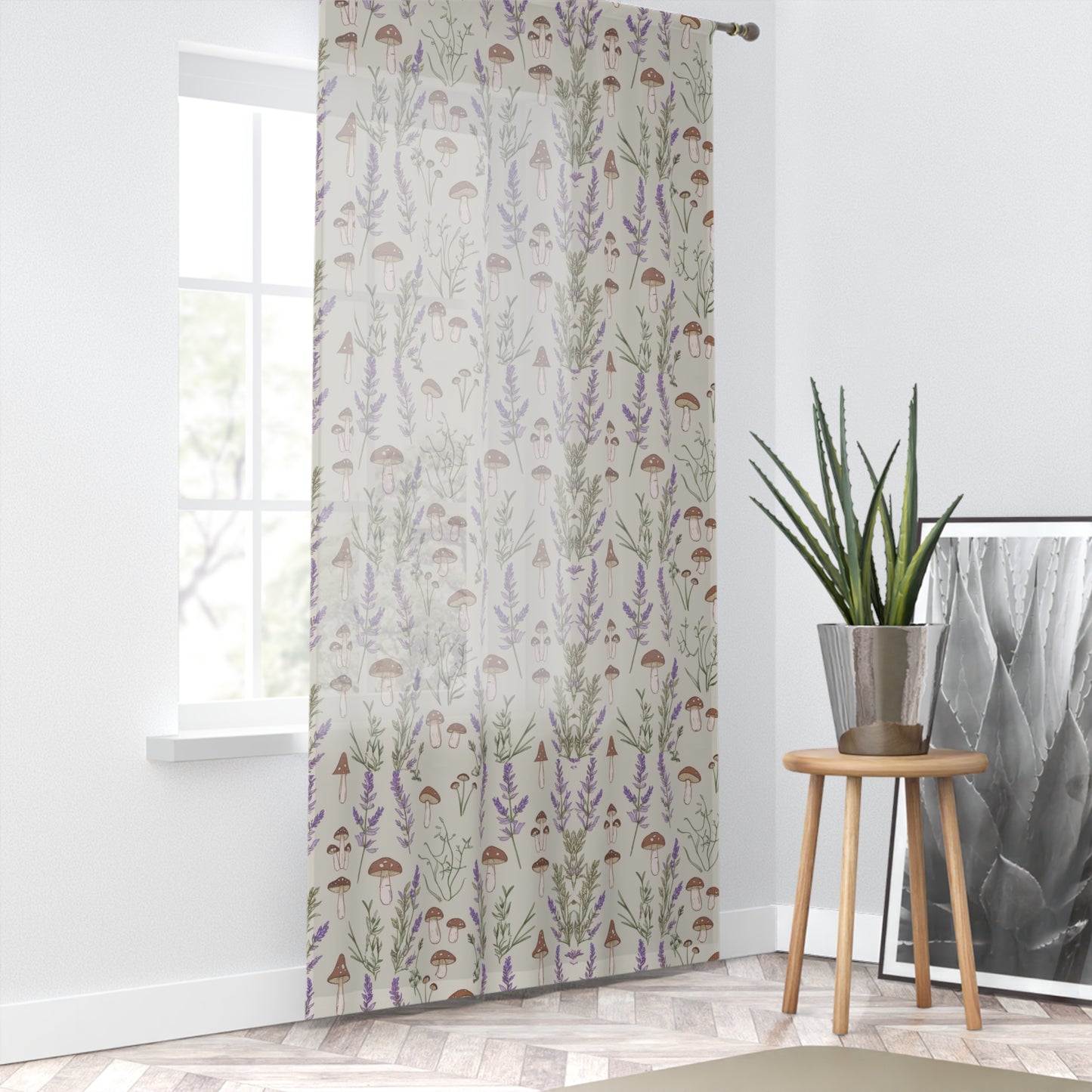 Window Curtain - Boho Botanical Mushroom & Lavender Design, 50" × 84" Sheer