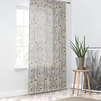 Window Curtain - Boho Botanical Mushroom & Lavender Design, 50" × 84" Sheer