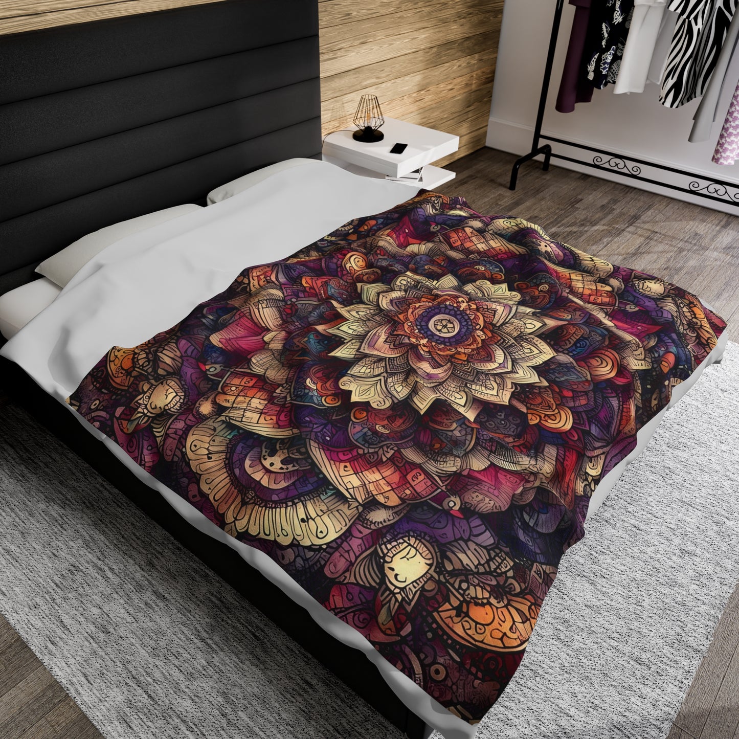 Velveteen Plush Autumn Blanket - Boho Mandala with Red, Purple, and Creme