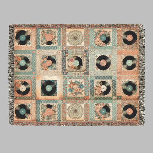 Woven Blanket - Retro Records & Roses Patchwork