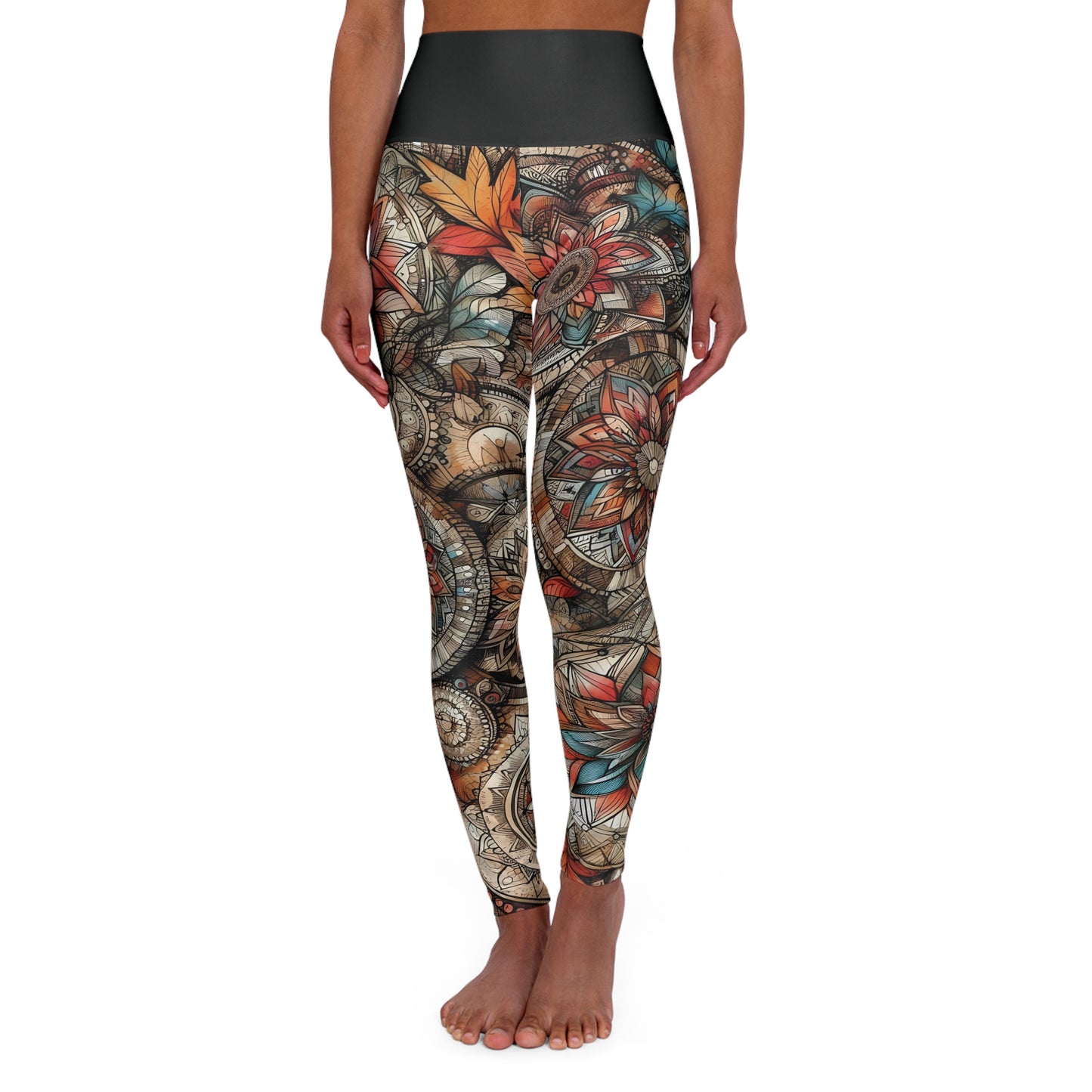 High Waisted Fall Yoga Leggings - Boho Floral Mandala, XS-2XL