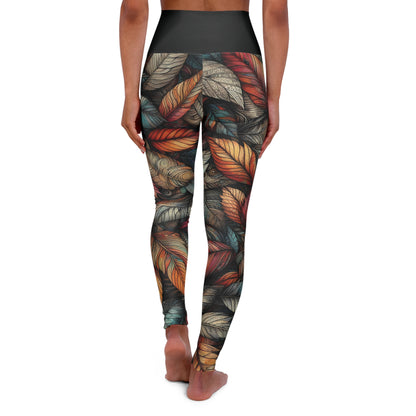 High Waisted Fall Yoga Leggings - Sketched Vibrant Leaves, XS-2XL