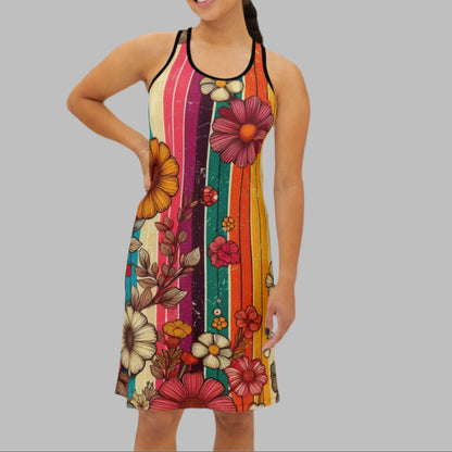 Racerback Dress - Retro Floral Rainbow Stripes