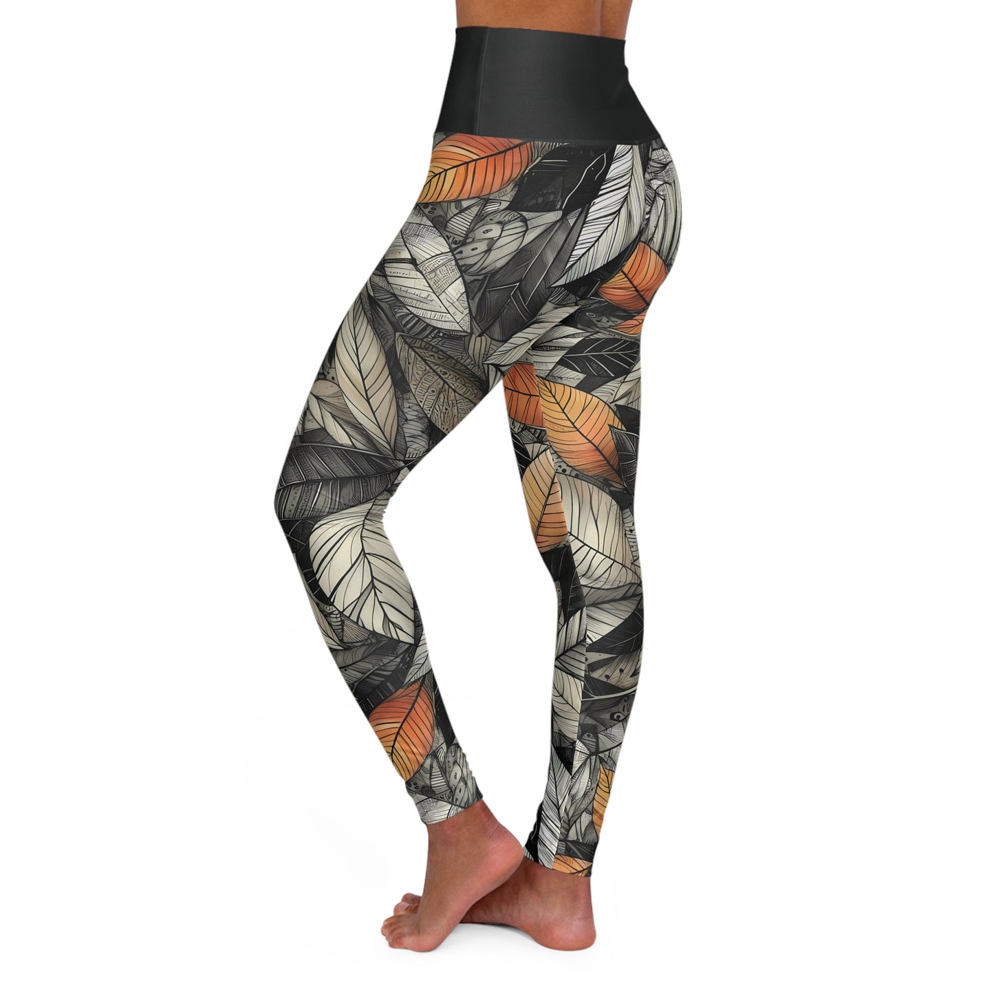 High Waisted Fall Yoga Leggings - Sketched Autumn Leaves, XS-2XL