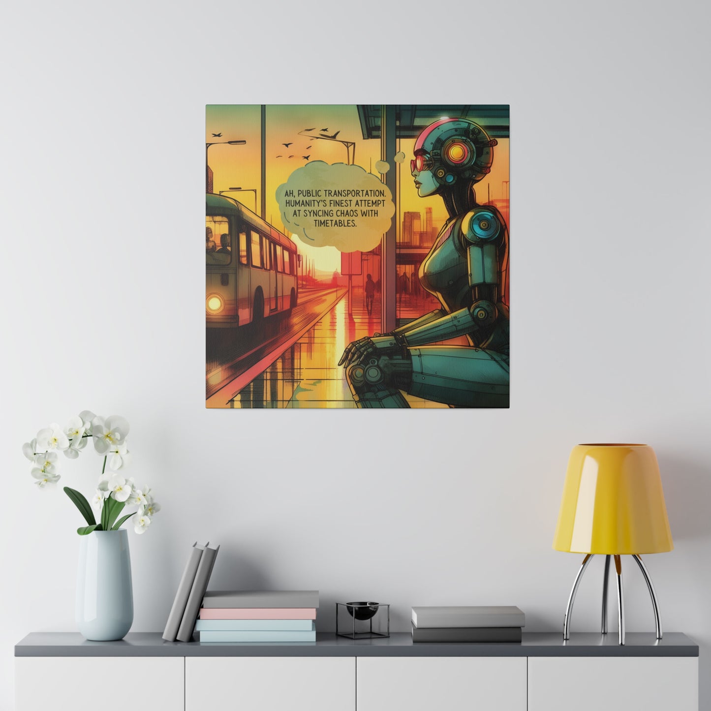 Funny Canvas Print - Retro Sci-Fi Robot Bus Stop Graphic Novel Art, Watercolor Style, Sunset, Moody, Futuristic, Matte Wall Art, Stretched Canvas