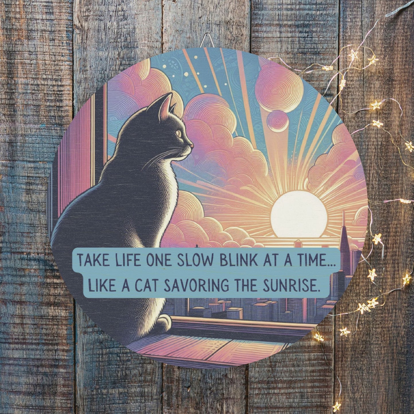 Wooden Cat Wisdom Wall Sign - "Take Life One Slow Blink at a Time"