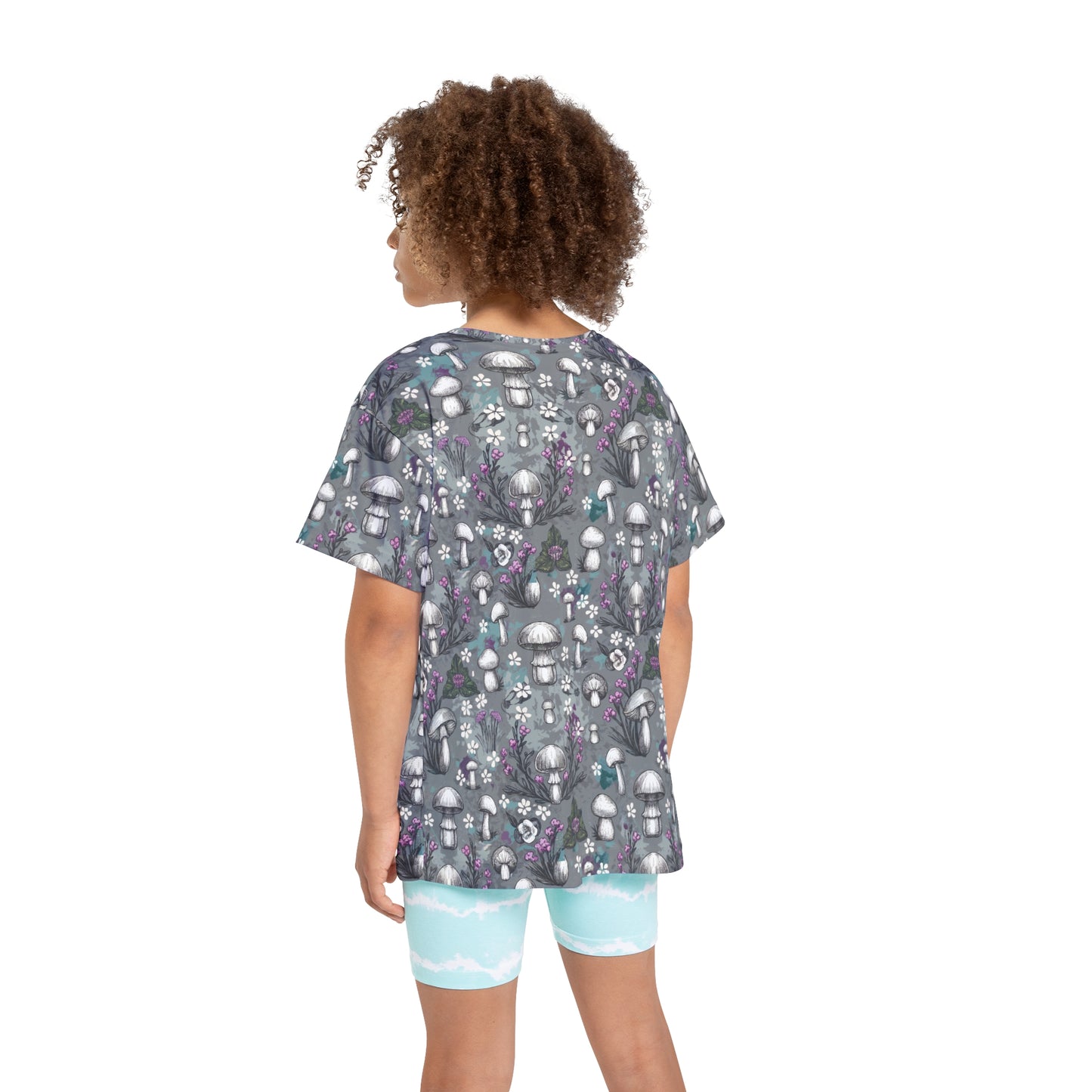 Youth Jersey Style Top - Woodland Mushrooms & Purple Florals, Enchanting Nature-Inspired Playwear