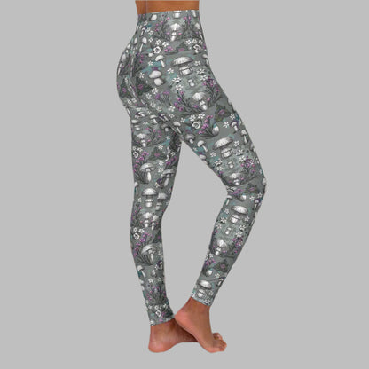 Stretchy High Waisted Yoga/Casual Leggings - Woodland Mushrooms & Purple Florals, Cottagecore Vibes