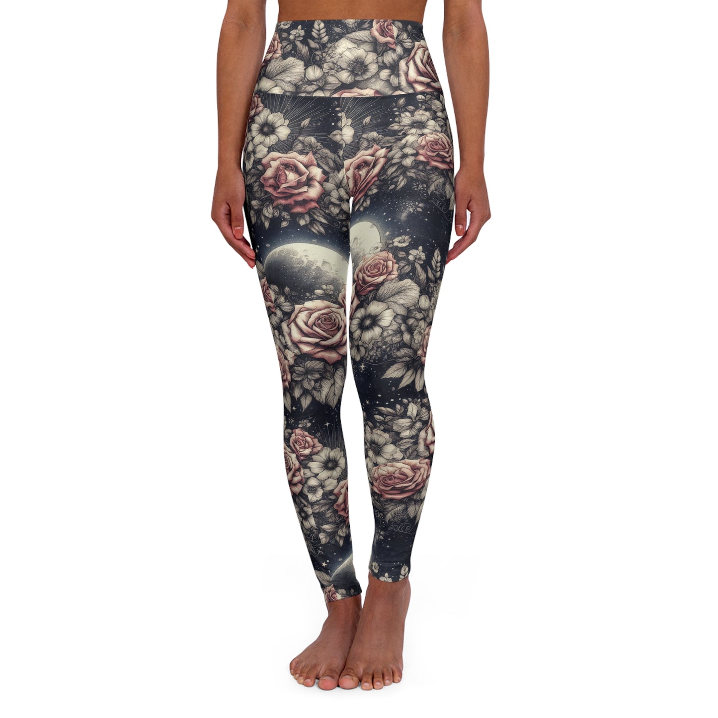 Vintage Rose and Full Moon Celestial Leggings for Everyday or Active Wear, XS-2XL