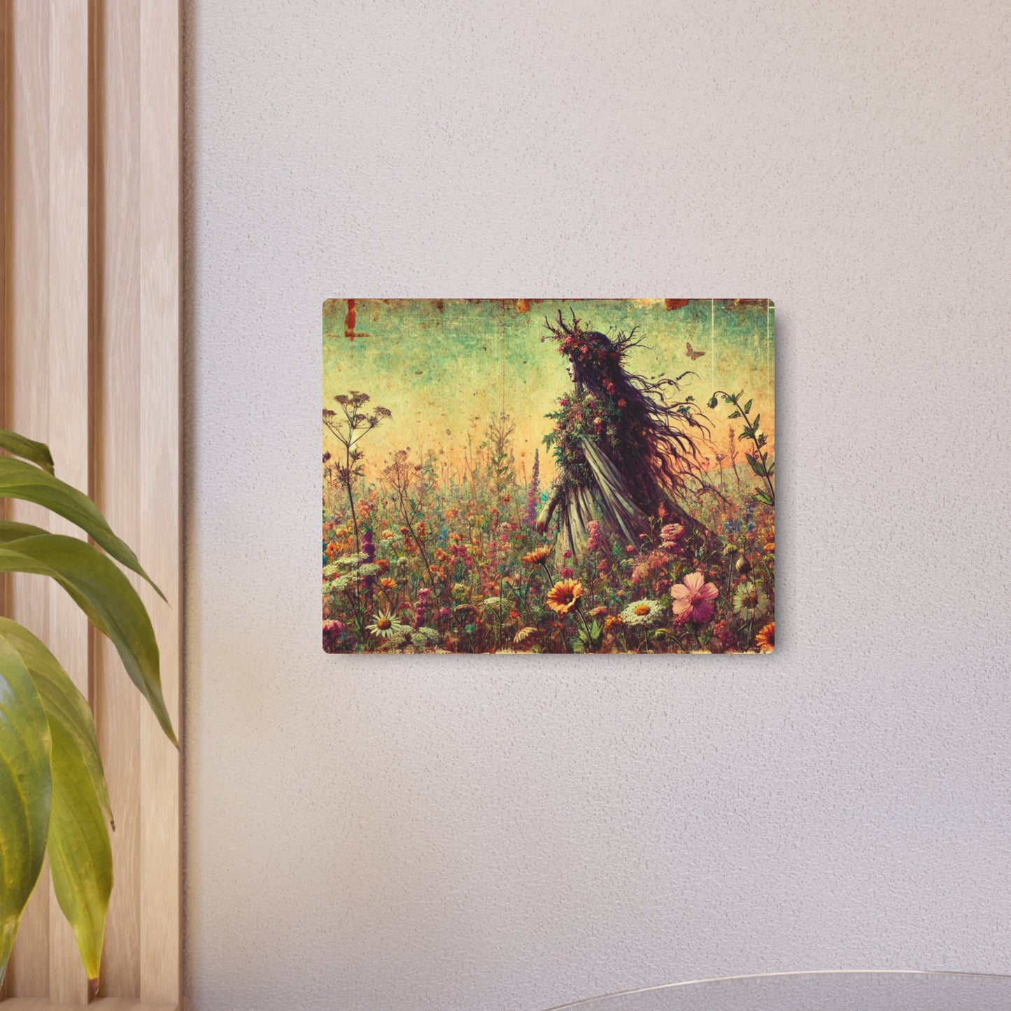 Metal Wall Art - Ancient Earth Goddess Walking Through Vast Wildflower Field