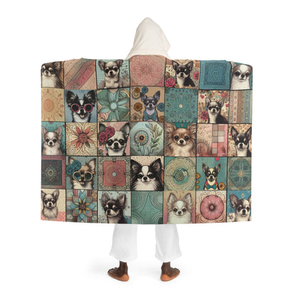 Chihuahua Patchwork Hooded Sherpa Blanket – Cozy Retro Vintage Design for Dog Lovers