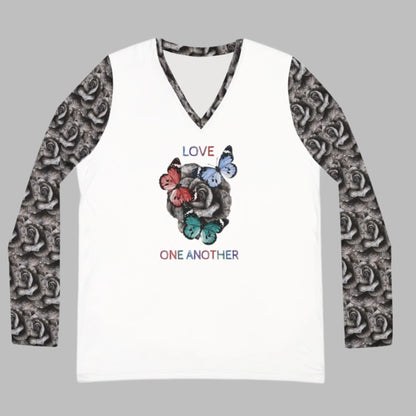 Love One Another Print with Rose and Butterflies - Women's Long Sleeve Inspirational V-neck Shirt