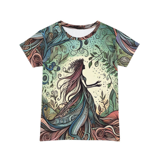 All-Over-Print Women's T-Shirt - Surreal Forest Goddess Silhouette with Colorful Windy Roots