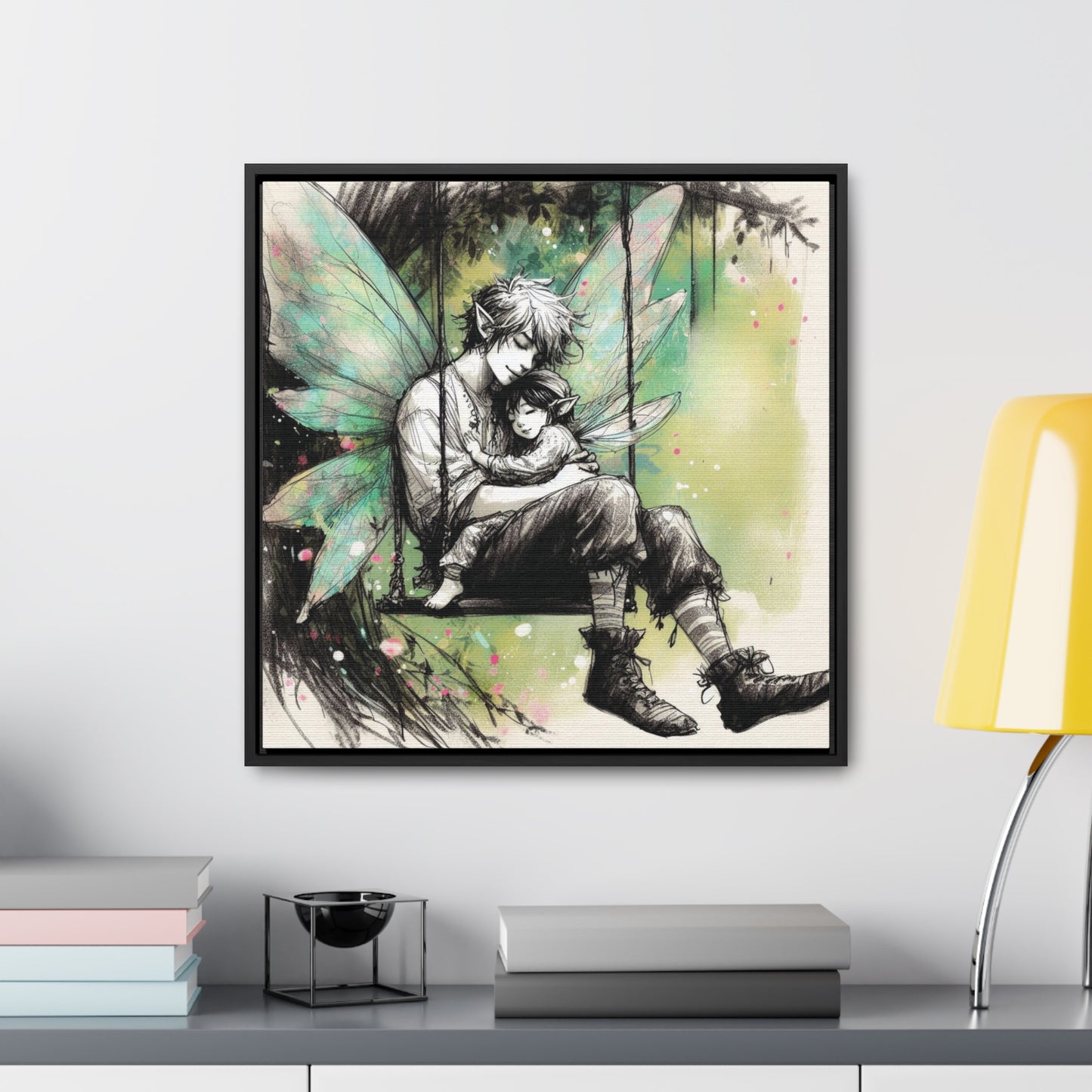 Father Fairy with Daughter on Swing, Gallery Wrapped Canvas Print - Sweet Fatherly Bond Wall Art for Nurseries or Child's Bedroom